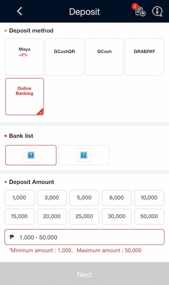 Step 1: Select the deposit method via Online Banking